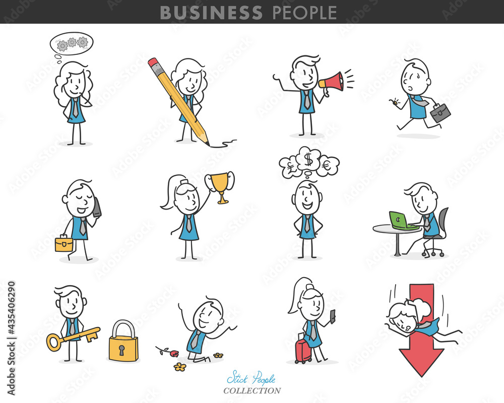 Collection of stick business people in different poses. Stick people playing different roles in their jobs Collection of stick business people in different poses. Stick people playing different roles in their jobs