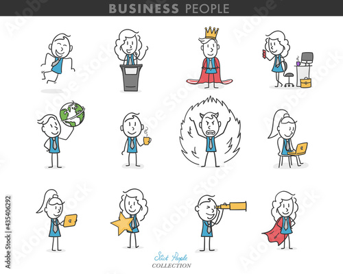 Collection of stick business people in different poses. Stick people playing different roles in their jobs