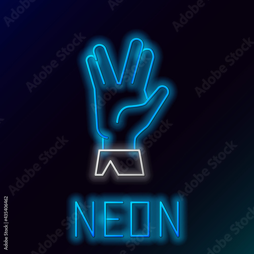 Glowing neon line Vulcan salute icon isolated on black background. Hand with vulcan greet. Spock symbol. Colorful outline concept. Vector