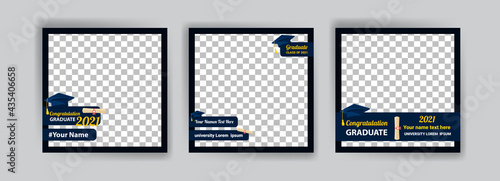 Photo booth props frame for graduation party. Selfie concept. Frame with hats for graduates. Congratulate graduate quotes.