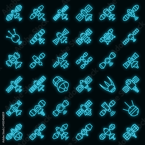 Satellite icons set. Outline set of satellite vector icons neon color on black