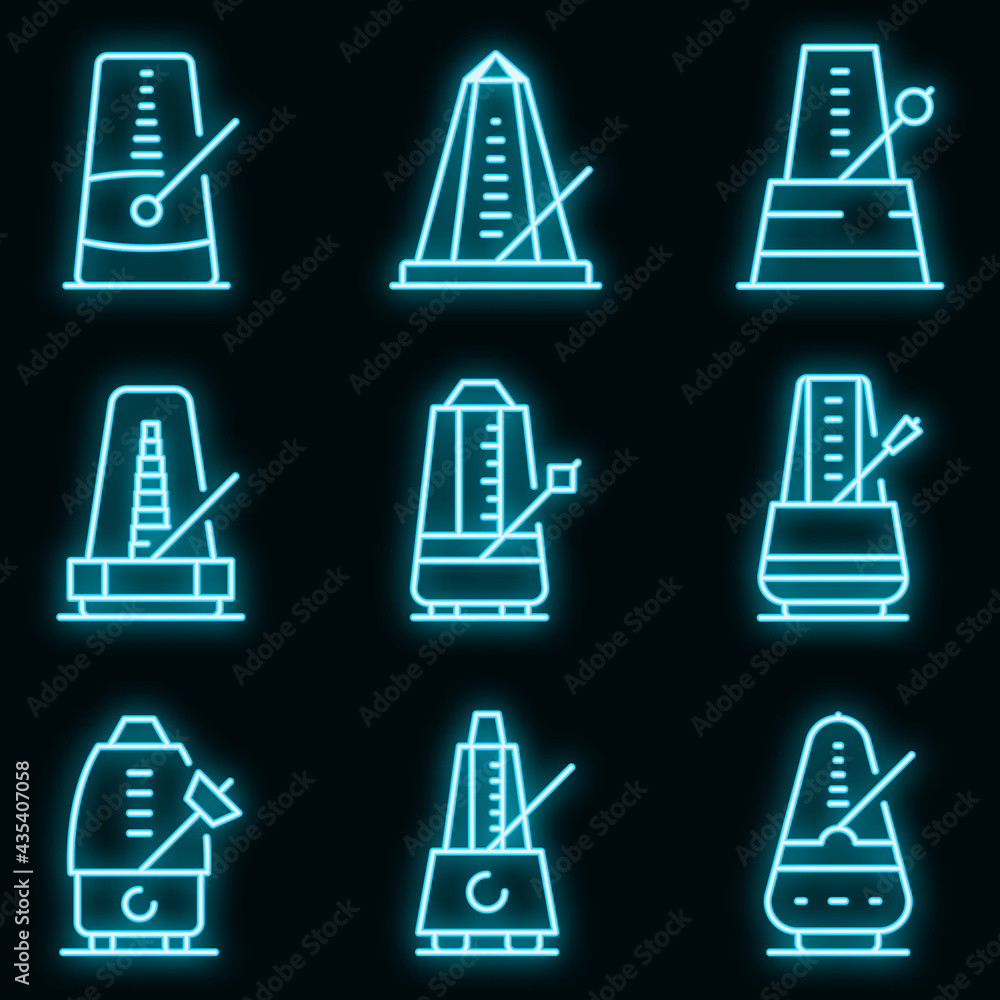 Metronome icons set. Outline set of metronome vector icons neon color on black