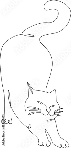 Happy pets. The cat stretches. Vector line art illustration. One Line