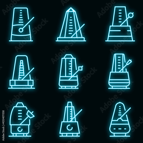 Metronome icons set. Outline set of metronome vector icons neon color on black