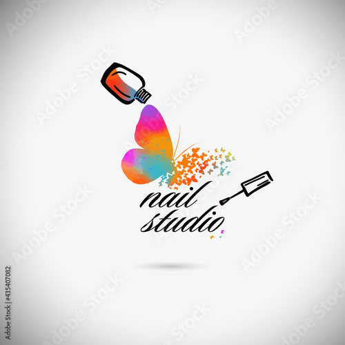 Nail studio. Nail polish logo. Mixed media. Multicolored butterflies. vector illustration