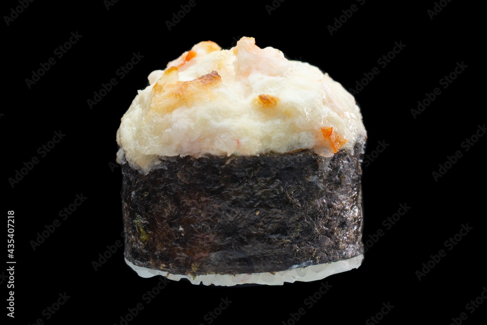 Baked sushi roll on dark background Baked sushi roll on dark background
