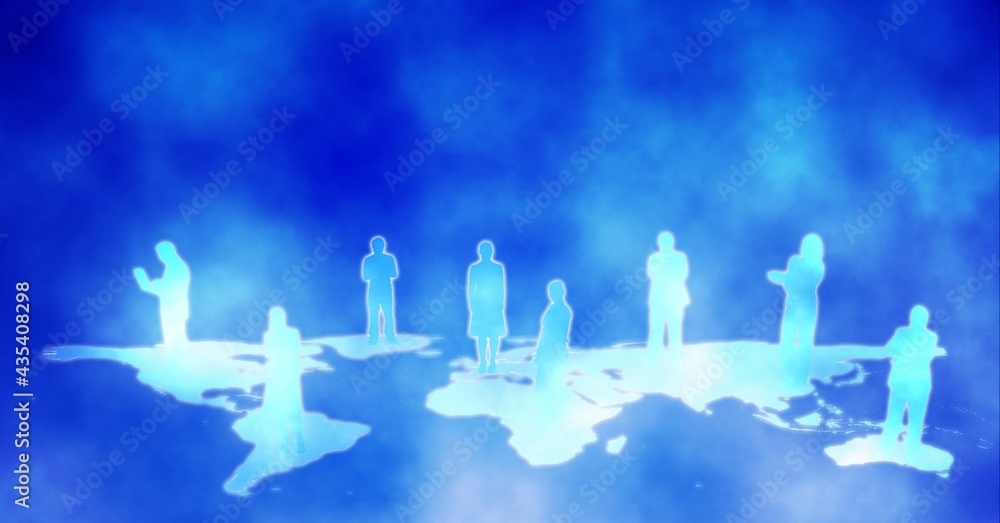 Composition of people's silhouettes on world map over blue background