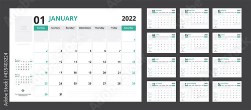 2022 calendar planner set for template corporate design week start on Sunday. photo