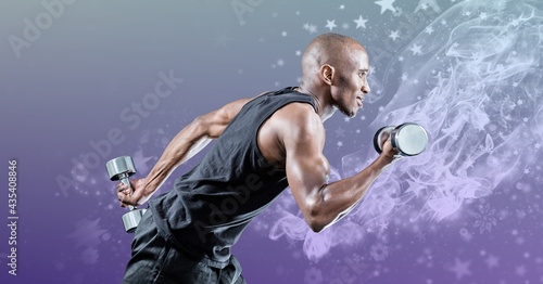 Composition of muscular strong african american man lifting dumbbells with stars on purple