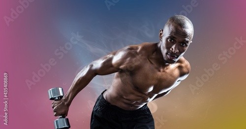 Composition of muscular strong african american man lifting dumbbells