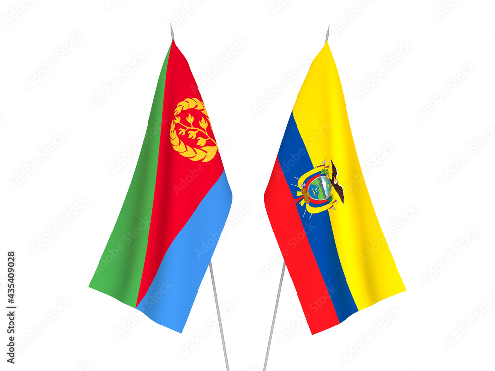 National fabric flags of Ecuador and Eritrea isolated on white background. 3d rendering illustration. National fabric flags of Ecuador and Eritrea isolated on white background. 3d rendering illustration.