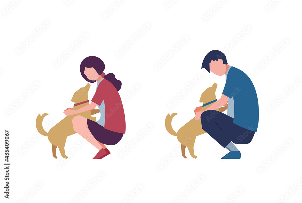 犬と遊んでいる男女セット 人物フラットイラスト Stock ベクター Adobe Stock