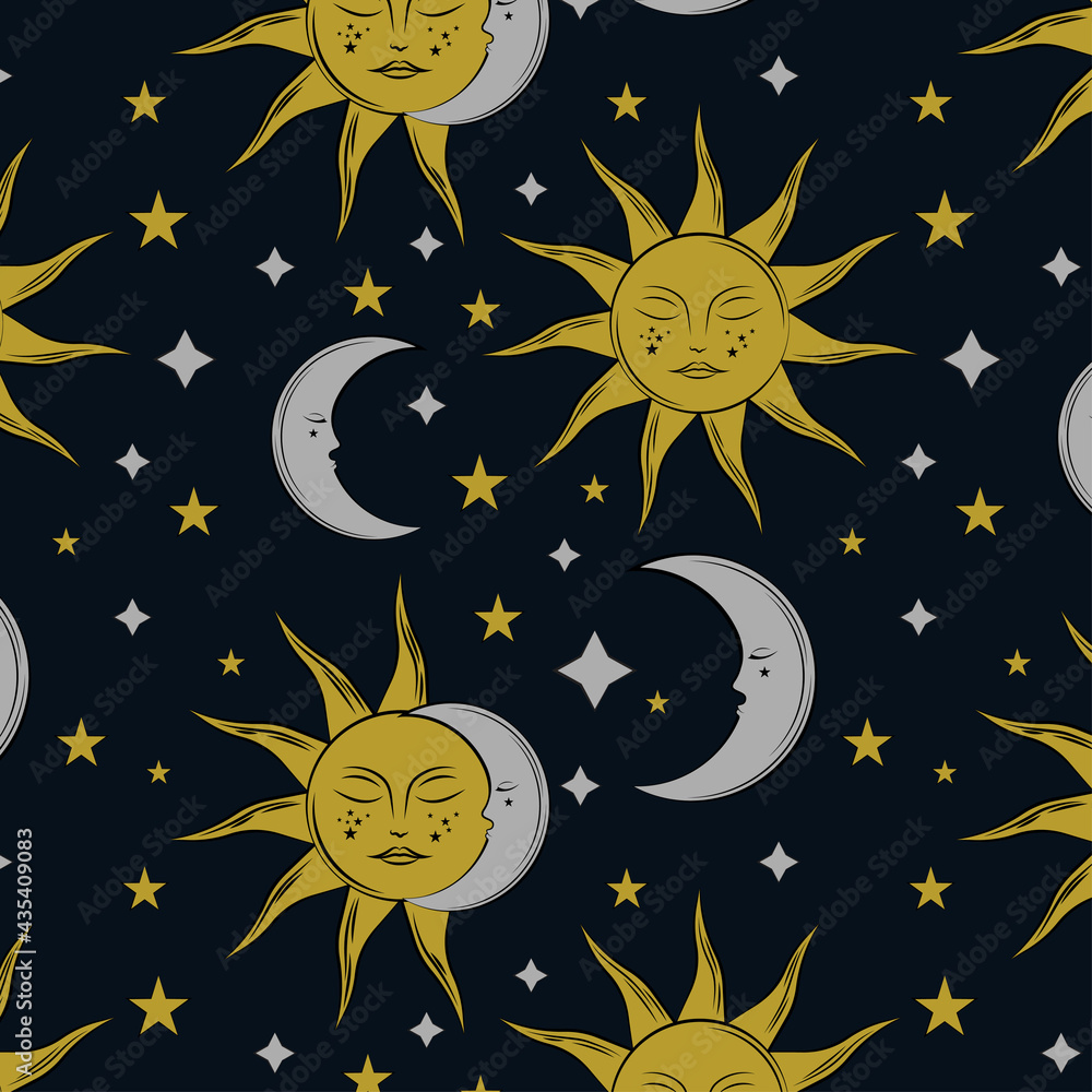 Nightsky Seamless Repeat Pattern with Hand Drawn Elements. Sun, Moon and Stars on Blue Background. Can Be Used For Fabric, Wallpaper or Packaging and more. Nightsky Seamless Repeat Pattern with Hand Drawn Elements. Sun, Moon and Stars on Blue Background. Can Be Used For Fabric, Wallpaper or Packaging and more.