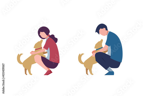 犬と遊んでいる男女セット　人物フラットイラスト
