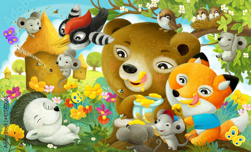 cartoon scene forest animals the forest eating honey
