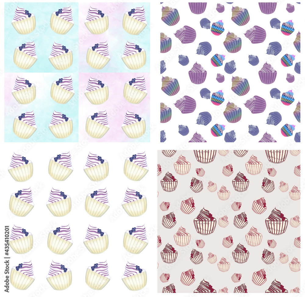 Set of seamless patterns Dessert ice cream with blueberries Set of seamless patterns Dessert ice cream with blueberries