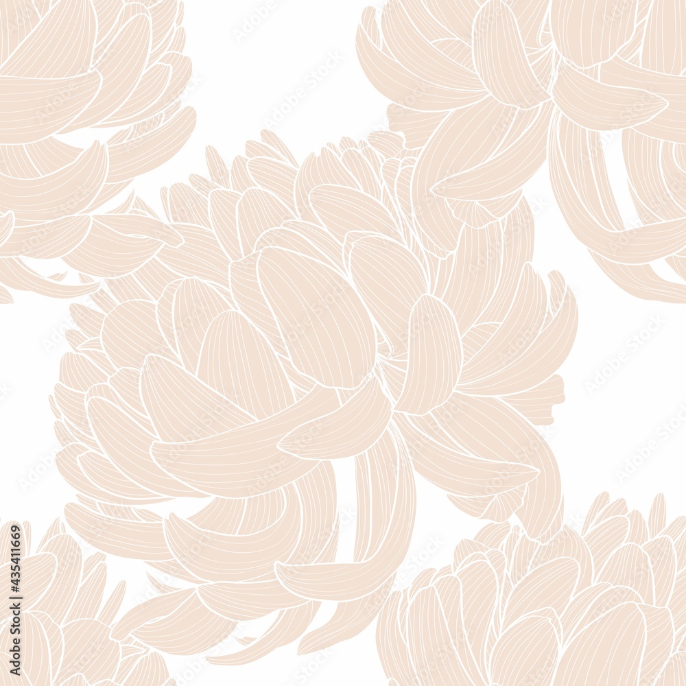 Seamless pattern with a beige Chrysanthemum Flowers natural ornament. Line Chrysanthemum Flowers floral seamless pattern on white background. Autumn flower wallpaper.