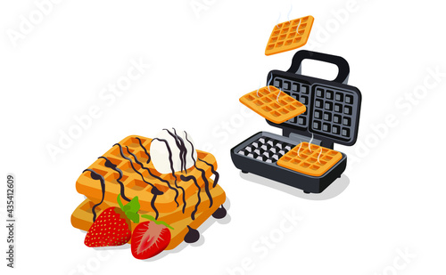 Belgian Waffle. with ice cream and strawberry Homemade dessert. Lunch cooking. Waffle iron isolated on the white background. Vector illustration