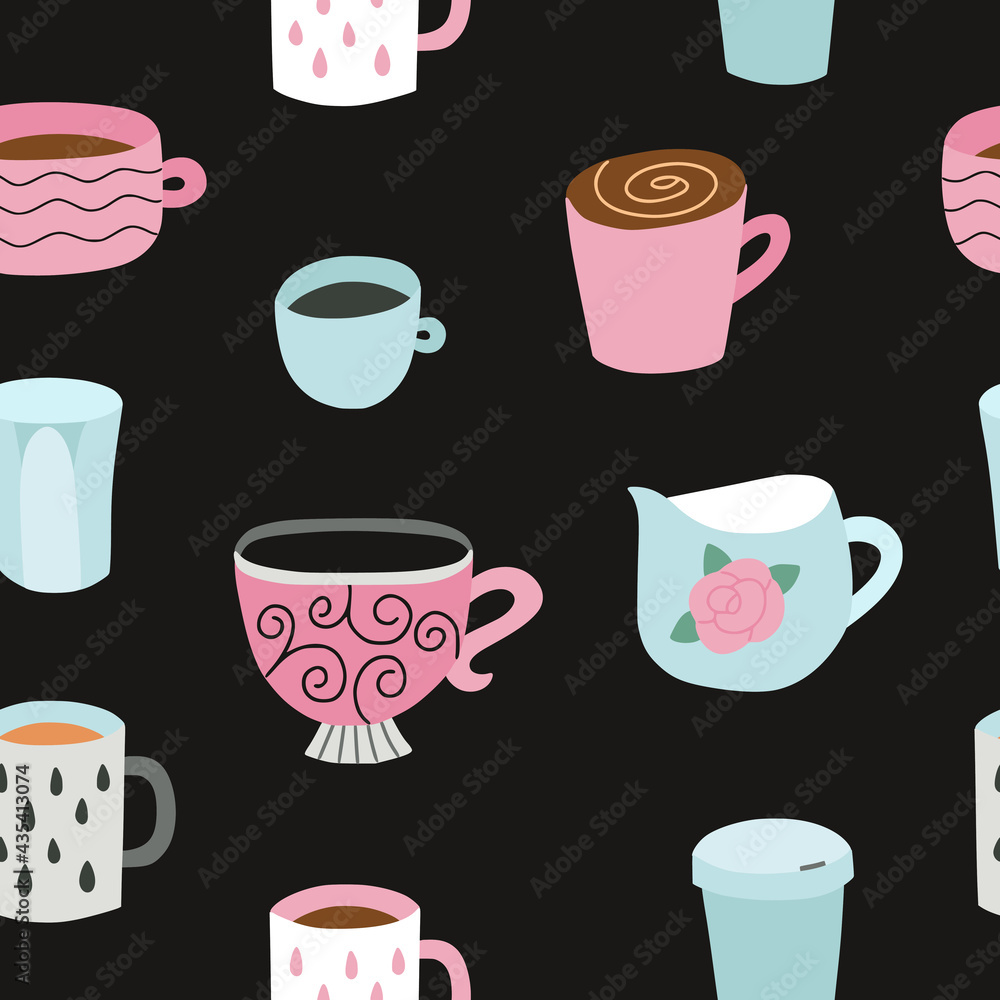 Cup vector pattern. Seamless background with cute cups. Coffee mugs seamless pattern Cup vector pattern. Seamless background with cute cups. Coffee mugs seamless pattern