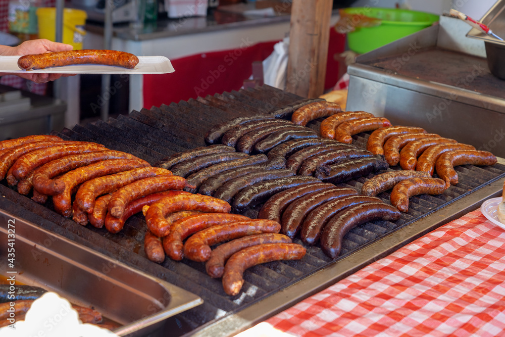 many traditional sausages in a hungarian agriculture fair in Kaptalantoti