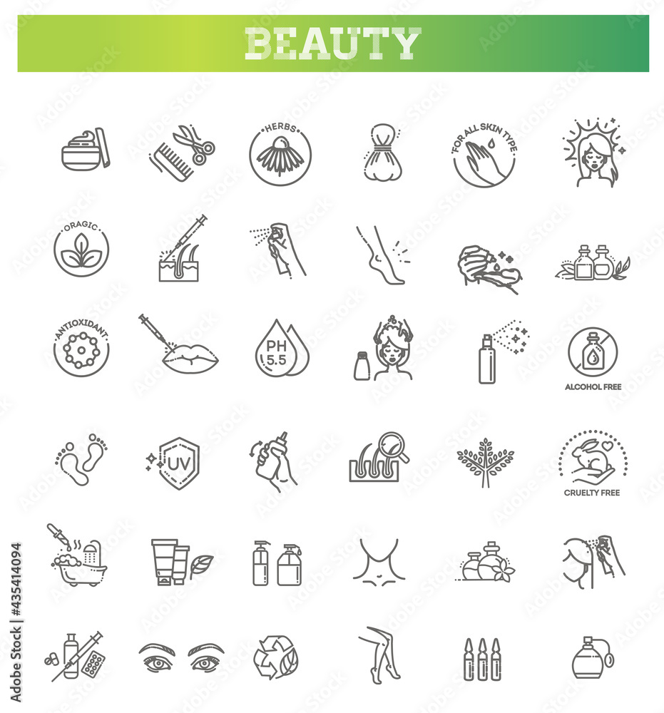 Fototapeta premium Beauty vector outline icons set. Beauty treatment