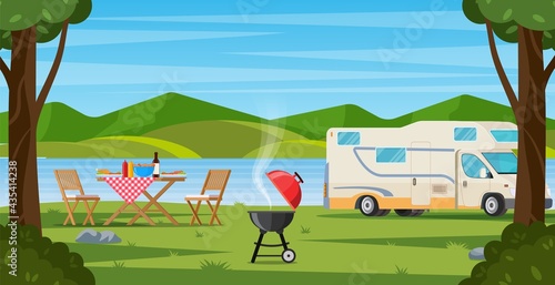 Camper with barbecue folding table deckchair