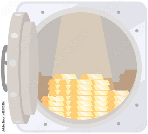 Opened silver metallic bank vault with gold bars inside. Income and high earnings in gold bars. Valuable metal as symbol of wealth and success. Saving people money in form of metal and ingots