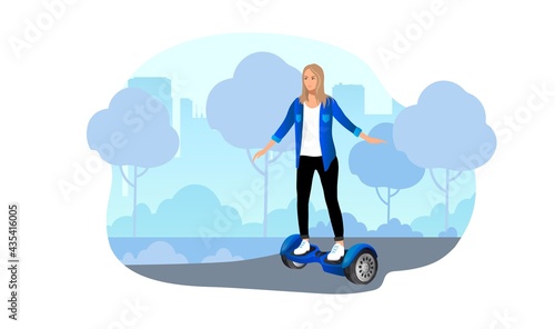 Young woman ride in the city park on a two-wheeled electric gyro scooter. Vector illustration.