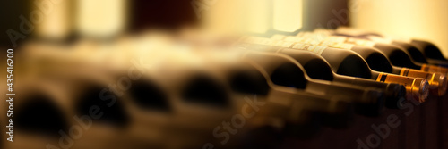 Panoramic background of bottles of red wine on a wooden shelf. Wine concept web banner. © Delphotostock