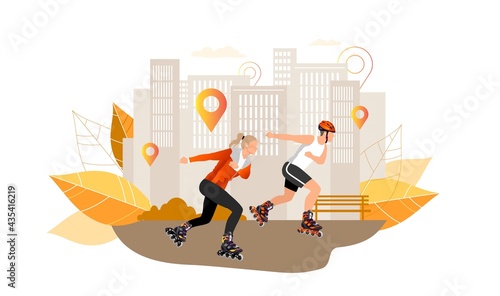 Young woman and man riding roller skates in a city park. Girl and boy roller skating. Vector illustration.