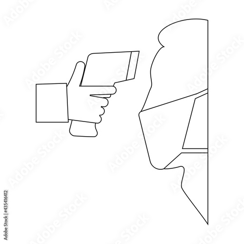 Body temperature check. Gun scanner digital thermometer or contactless infrared thermometer. Coronavirus and covid vector illustration. 
