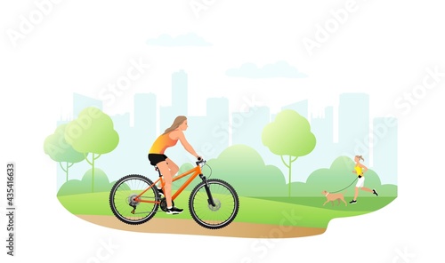 Cute beautiful girl rides a bicycle. Sport, healthy lifestyle. Active girl enjoying a bike ride in the park. Vector illustration.