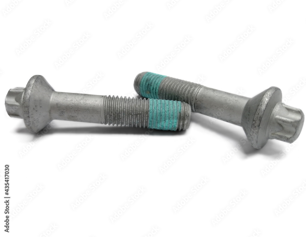 Fototapeta premium Two screws, encapsulation in blue glue at the end of the screw thread, are placed on a white background.