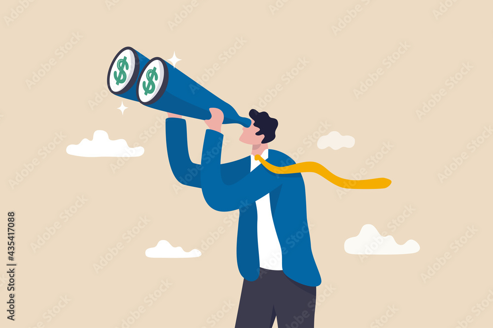 Looking for investment opportunity, money visionary, searching for yield, dividend or profit in stock market concept, wealthy businessman investor look through binoculars to see money dollar sign. - obrazy, fototapety, plakaty 