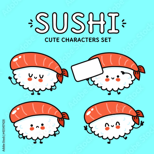 Funny cute happy Sushi characters bundle set. Vector kawaii line cartoon style illustration. Cute Sushi mascot character collection