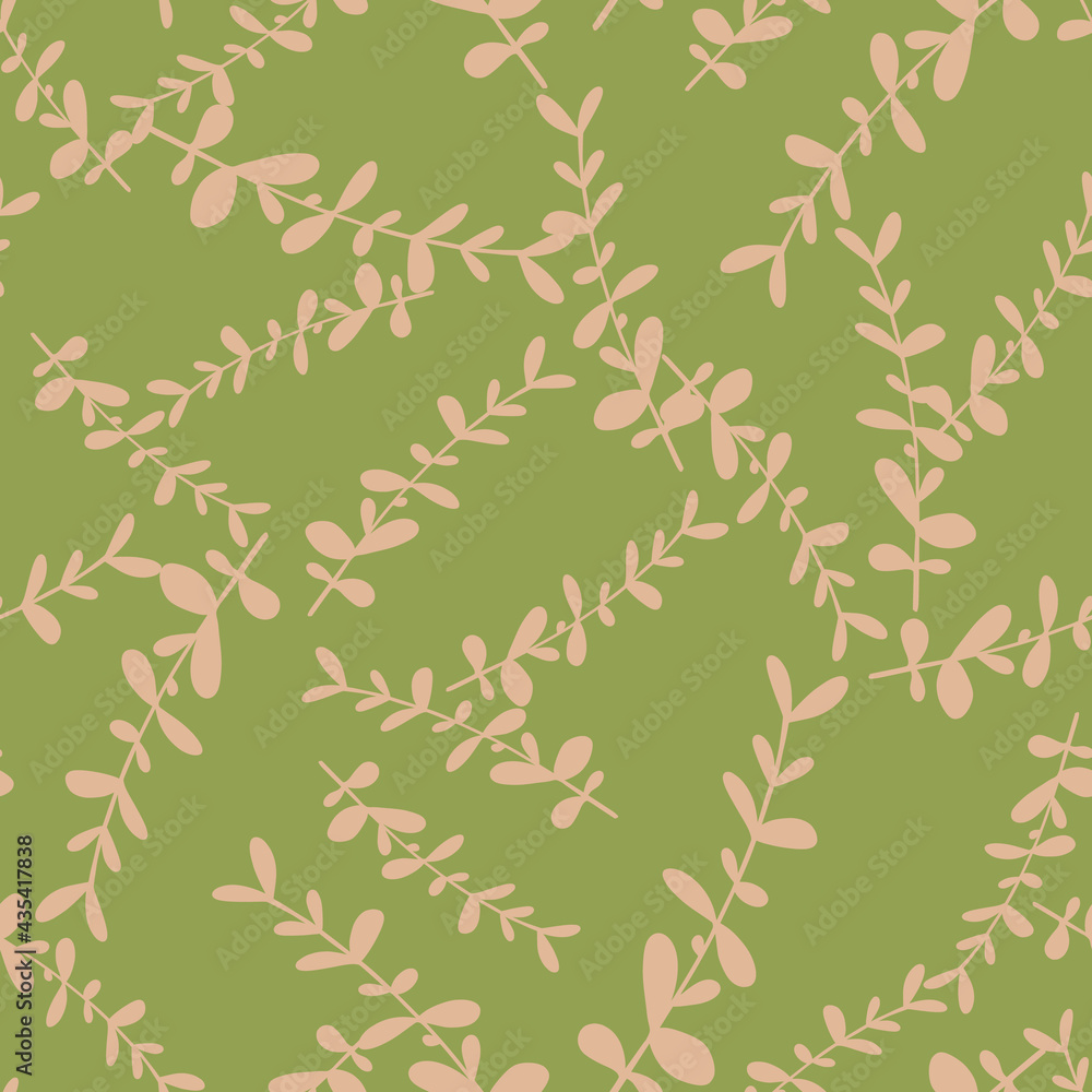 Random pastel pink colored eucalyptus branches shapes print. Green background. Random herbal ornament. Random pastel pink colored eucalyptus branches shapes print. Green background. Random herbal ornament.