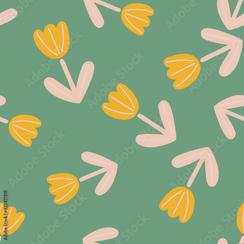 Cartoon summer seamless pattern with yellow tulips random ornament. Green background. Simple style.