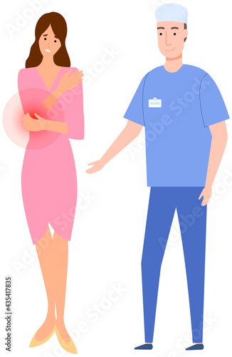 Woman with elbow pain is examined at hospital. Doctor communicate with patient to make diagnosis. Person complains to traumatologist about painful sensations in arm joint. Girl feeling pain in elbow