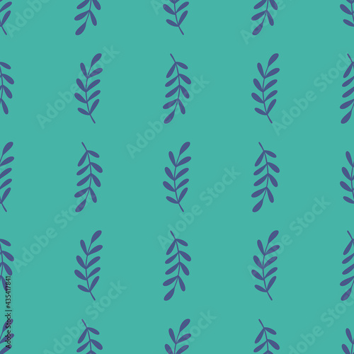 Blue colored leaves branches seamless doodle patern. Simple style artwork with blue background.