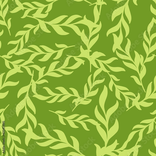 Fototapeta Naklejka Na Ścianę i Meble -  Herbal seamless pattern with leaves twig random silhouettes. Green palette botanic backdrop.