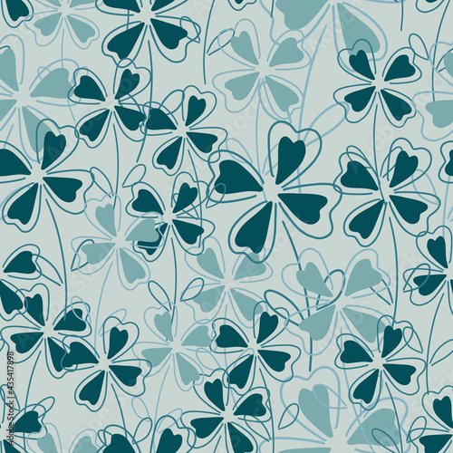 Outline random seamless pattern with clover leaf elements print. Blue background. Nature ornament.