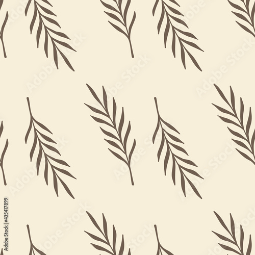 Botanic seamless pattern with abstract simple leaves branches ornament. Pastel grey background.