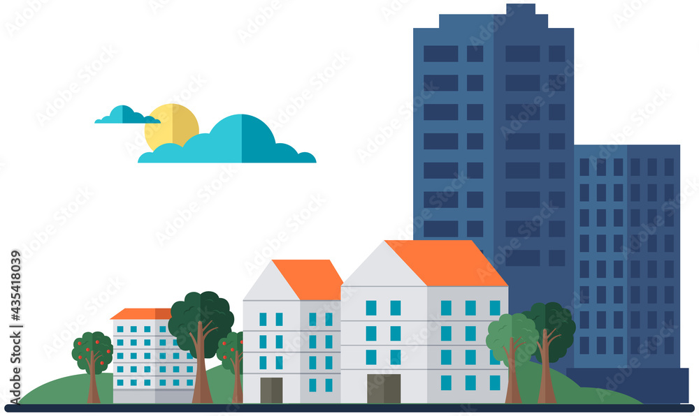 Landscape with skyscrapers and small houses. Modern downtown, business center concept. Green trees in sunny or cloudy weather in town. Changing weather in city. Cityscape with buildings and nature