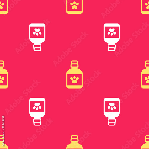 Yellow Dog medicine bottle icon isolated seamless pattern on red background. Container with pills. Prescription medicine for animal. Vector