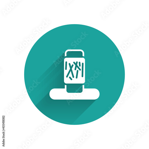 White Cat scratching post with toy icon isolated with long shadow. Green circle button. Vector