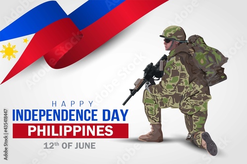 illustration of 12th of june background for Happy independence day Philippines. a soldier with gun and flag. Vector illustration.