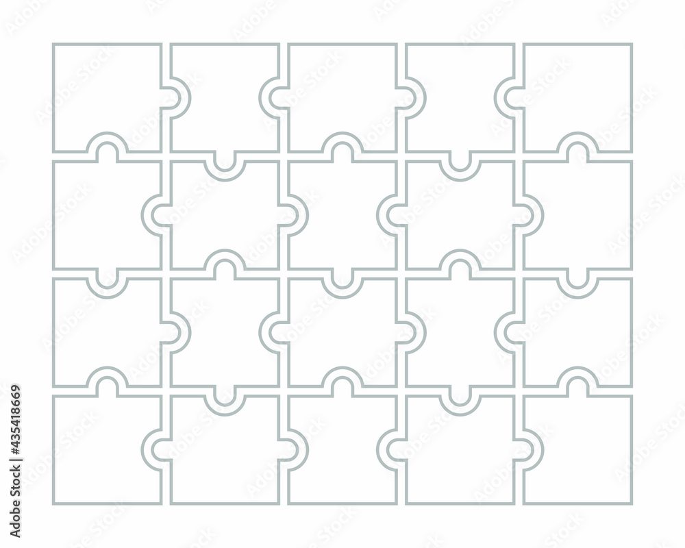 Twenty blank puzzle pieces. Puzzle for web, information or presentation design, infographics. White puzzle on white background. Vector illustration