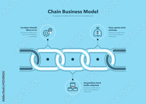 Simple infographic for chain business model with 3 process steps - blue version. Flat design, easy to use for your website or presentation.