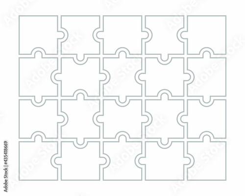 Twenty blank puzzle pieces. Puzzle for web, information or presentation design, infographics. White puzzle on white background. Vector illustration
