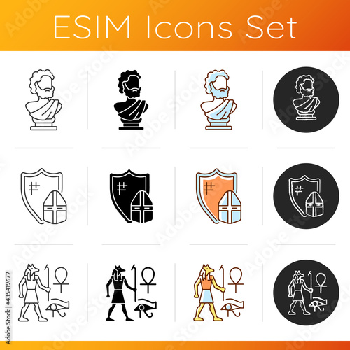 Antiquities excavation icons set. Ancient statue. Knight armor. Egyptian wall drawings. Sculpted bust. Medieval warrior. Linear, black and RGB color styles. Isolated vector illustrations